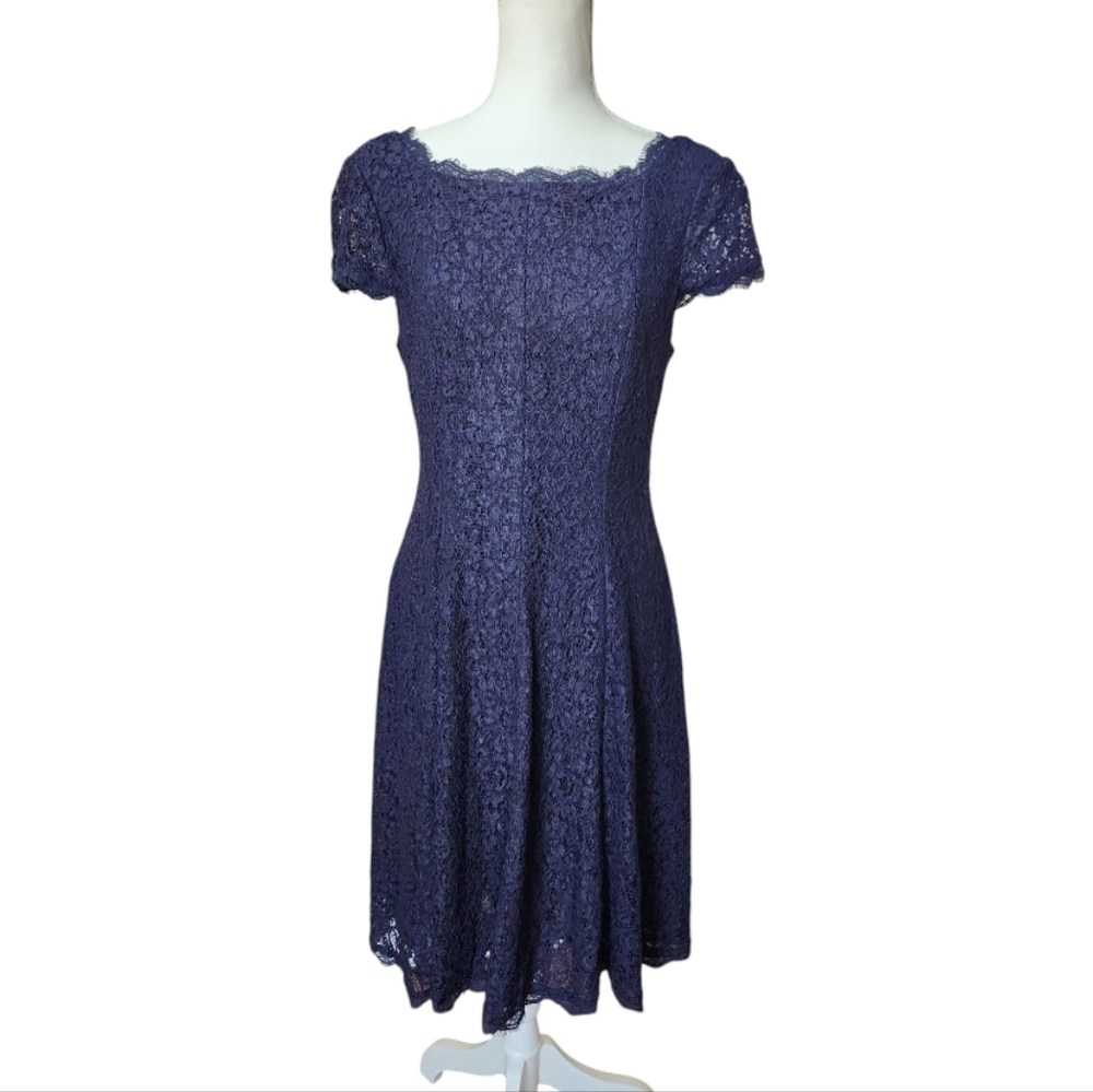 Adrianna Papell Cap Sleeve Full Lace Flared Cocktail Dress Navy Blue, Size 10